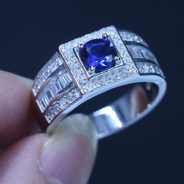 Bijoux de luxe en gros pur réel soild 925 Sterling Silver Blue Sapphire 5a CZ Round Cut Gemstones Wedding Men Band Ring Gift Taille 8-290F