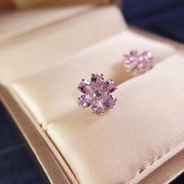 Groothandel-luxe S925 sterling zilver vol roze kristal zon bloem oorbellen voor vrouwen sieraden