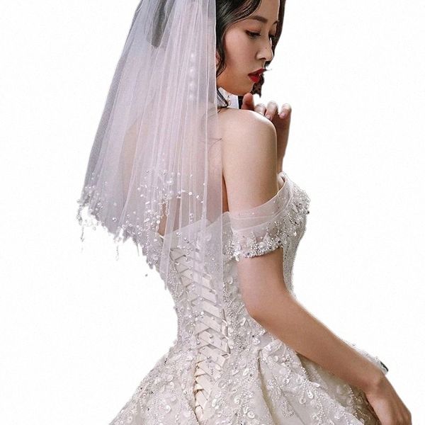 Velo de boda de lujo al por mayor con borde de cristal de dos capas blancas marfil tul bridal velo 2023 h6cn#