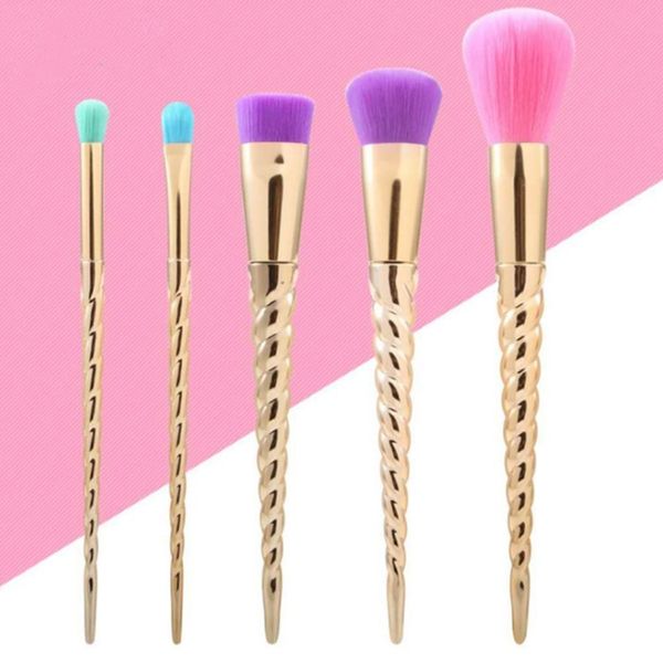 Venta al por mayor de pinceles de maquillaje, conjuntos de cosméticos, 5 colores brillantes, mango en espiral dorado, herramientas de maquillaje con tornillo para brochas de maquillaje