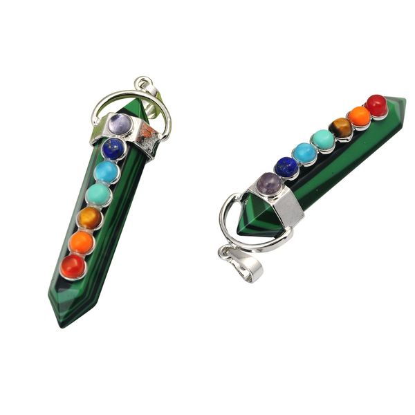 Venta al por mayor de colgantes de punto de Reiki hexaedro de malaquita con piedras preciosas de cristal de 7 chakras para mujeres y hombres, collar de joyería