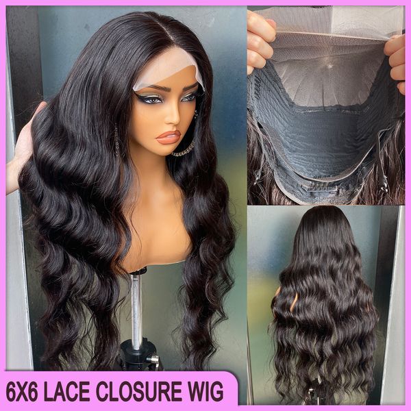 En gros malaisien péruvien brésilien naturel noire du corps noir 6x6 Perruque de fermeture en dentelle transparente 30 pouces 100% Virgin Remy Human Hair en vente