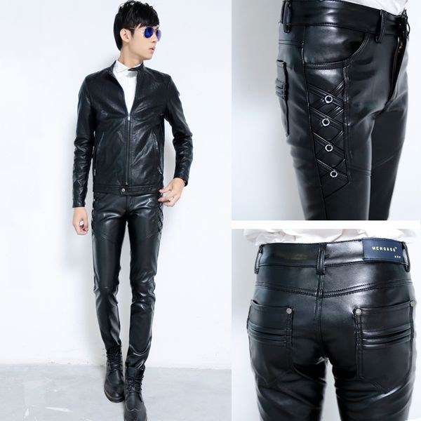 Venta al por mayor- Motociclista masculino Ridding PU Pantalones Pantalones de cuero de imitación negros para hombre Moda Slim Fit Lápiz Pantalón