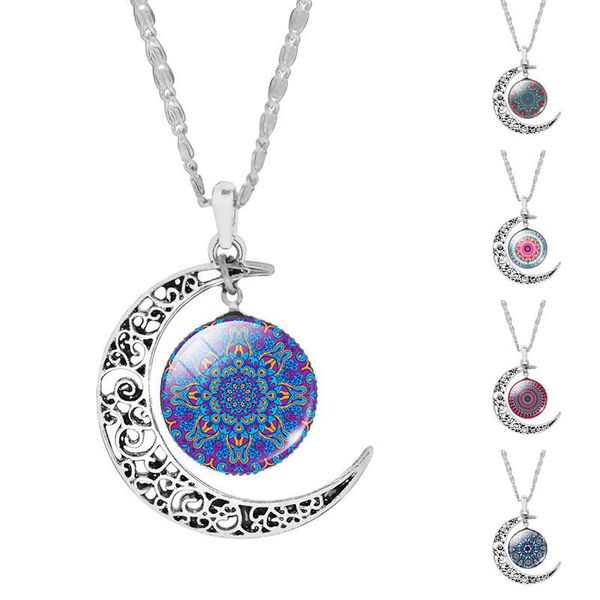 Gros-Mandala Fleur OM Symbole Bouddhisme Zen Image Verre Cabochon Ras Du Cou Lune Pendentif Collier Argent Plaqué Bijoux