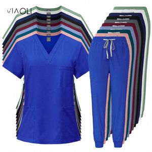 wholesale Infirmière médicale uniforme Jogger Scrubs ensembles uniformes d'hôpital Scrubs costume nouveaux uniformes de spa femmes col en V Fi vêtements de travail 24Hj #