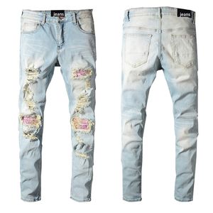 Jeans pour hommes High Street Hipster Couleur claire Patchwork Mendiant Pantalon Slim