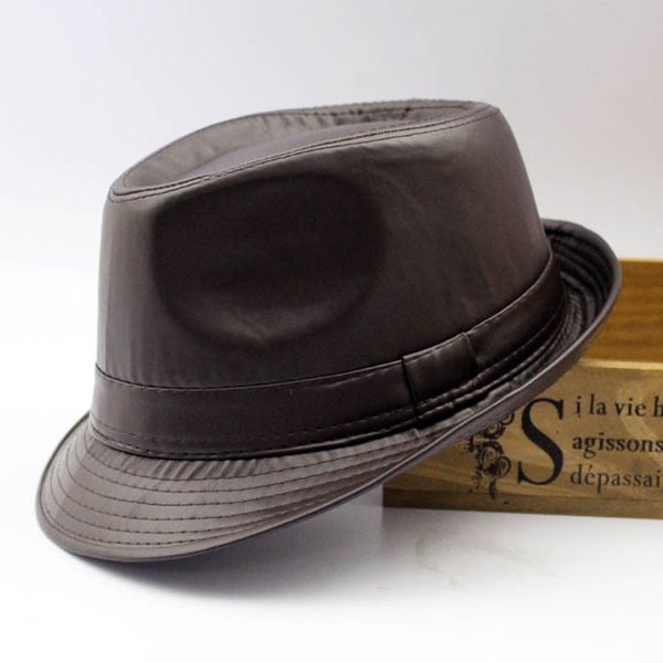 Al por mayor-Hombres fedora Trilby hat Sombrero Fedora de cuero negro para mujeres chapeau homme sombreros de jazz vintage para hombres fedora