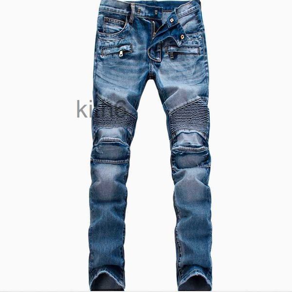 Vente en gros - Mode Homme Haute Qualité Ripped Biker Jeans Hommes En Détresse Moto Denim Joggers Lavé Pantalon Plissé Noir Bleu Blanc 100T