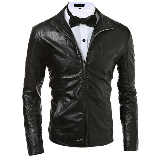 Chaquetas para hombres Venta al por mayor- Modelos de explosión de comercio exterior para hombres Color sólido Chaqueta de cuero delgada simple y elegante Negro / Rojo / Azul oscuro M-