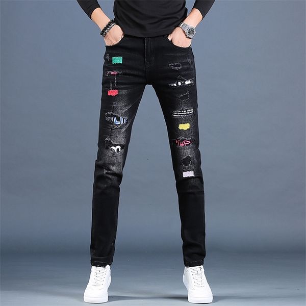 Gros hommes trou déchiré 3D patch de broderie jeans noirs marque pour hommes pieds minces pantalons décontractés été jeans minces hombre 201128