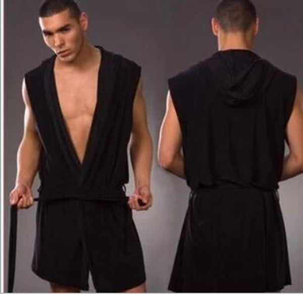 Ropa al por mayor de los hombres cómodos albornoces casuales sin mangas viscosa sexy con capucha túnica homewear para hombre ropa de dormir sexy ropa de salón Negro