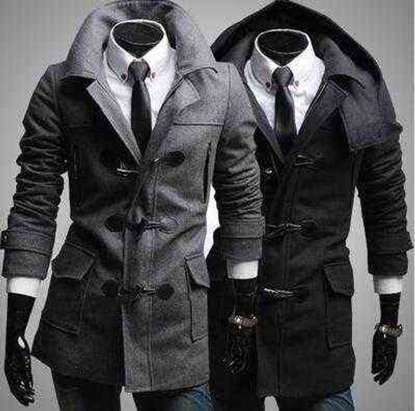 Venta al por mayor- Hombres de moda Slim Fit Toggle Duffle Coat con capucha Abrigos grises negros Cuello con muescas A prueba de viento Elegante capa de polvo para hombres Warmful T220810