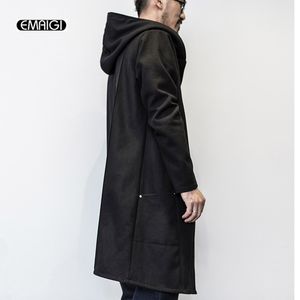 Venta al por mayor- Hombres Primavera Otoño Gabardina suelta con capucha Moda masculina Casual Un botón Chaqueta cortavientos larga negra para hombre Trench Outwear