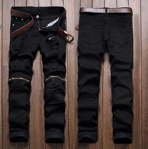 Gros-Hommes Élégant Ripped Jeans Zipper Hollow Out Biker Classique Skinny Slim Straight Denim Pantalon