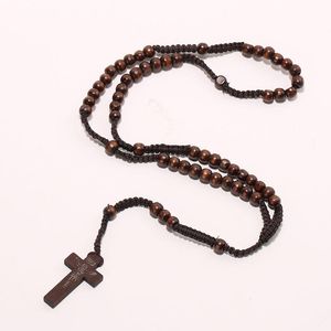 Vente en gros - Hommes Femmes Catholique Christ En Bois 8mm Chapelet Perle Croix Pendentif Tissé Corde Collier Noir / Marron / Beige / Marron Clair