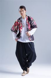 Vente en gros - Hommes 2016 nouvelle veste impression casual hommes lâche manteau rue mode japon style hiphop kimono veste manteau lin pardessus Q383