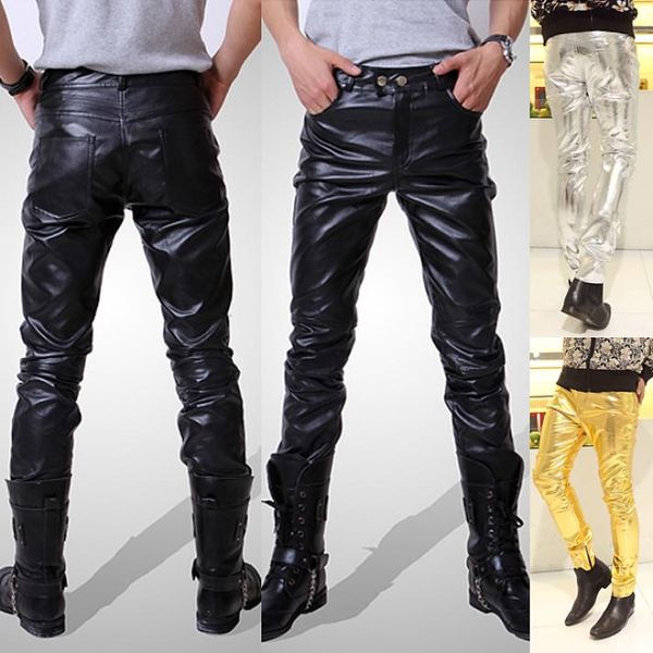 Al por mayor-Mens Pantalones de cuero negro Faux Leather Pu Material Color negro Motocicleta Flaco Faux Leather Pants para hombres