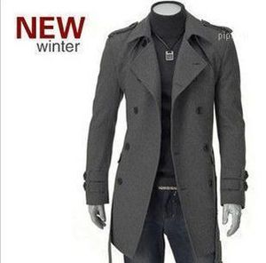 Wholesale- Mens Classic Casual Wool Jassen Pea Jas Winter Warm Trench Overjas Uitloper Double Breasted Wollen