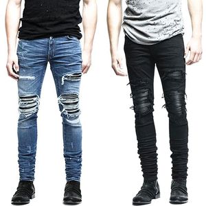 Groothandel- Heren Denim Broek Kleding Rits Skinny Biker Jeans Mannen Slim Fit Jean Vintage Gescheurd Blauw Man1