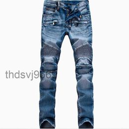 Al por mayor-Moda para hombre de alta calidad Ripped Biker Jeans Hombres desgastados Moto Denim Joggers lavados pantalones plisados Negro Azul Blanco RDQB