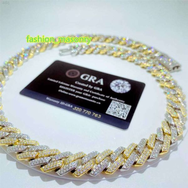 Venta al por mayor Cadenas de oro para hombre 14 mm helado hacia fuera dos tonos Vvs Moissanite Miami Link Chain Sterling Sier Collar cubano