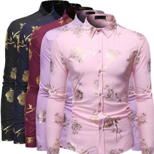 Groothandel Mens Gold Rose Floral Print Shirts Merk Bloemen Steampunk Chemise White Long Sleeve Wedding Party Bronzing Shirt