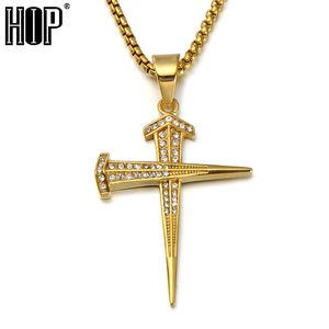 Groothandel-heren hip hop sieraden bling Iced Out titanium nagel kruis hangers ketting met 24 inch goudkleurige roestvrijstalen schakelketting