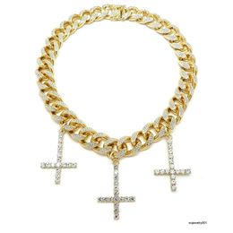 Groothandel Heren Hip Hop Sieraden vergulde Cubaanse ketting kettingen met diamanten kruis hanger