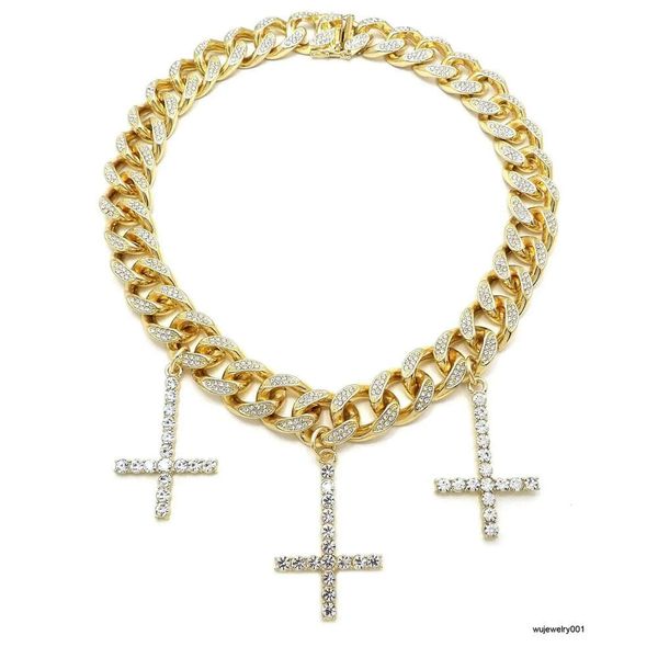 Bijoux Hip Hop pour hommes, colliers en chaîne à maillons cubains plaqués or avec pendentif croix en diamant, vente en gros