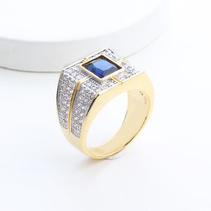 Bague de luxe pour hommes, pierre bleue, diamant CZ, bagues en or, cadeau de mariage, bijoux pour hommes, avec boîte de vente au détail, vente en gros