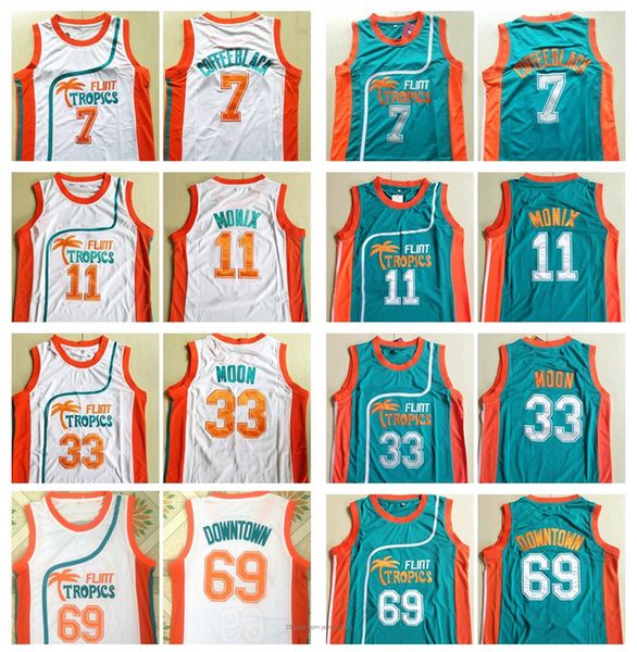 Venta al por mayor Mens Pro Movie Jersey 11 Flint Tropics 7 Coffee Black 33 Moon Semi 69 Downtown Basketball Jerseys Todo bordado cosido