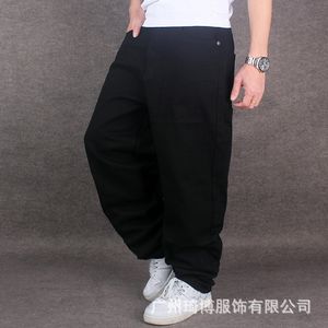 Vente en gros-Mens pur noir Hiphop Baggy coton Denim Jeans hommes coupe ample pour Street Dancing pantalon large, Plus la taille 42 44 46