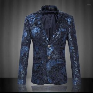 Costumes pour hommes Blazers en gros- Mens Royal Blue Flower Blazer Slim Fitted Prom Men Two Button Suit Jacket Costumes de scène pour chanteurs Busine
