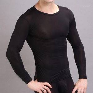 Sous-vêtements en gros-Mens Sexy Transparent Undershirt Exotique Lisse Sheer Sous-Vêtements Tops Manches Longues Fitness Gym Sports T Shirt1