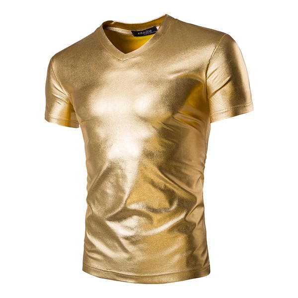 Venta al por mayor-Hombres Tendencia Night Club Recubierto Metálico Oro Plata Camisetas Elegantes Mangas cortas brillantes Camisetas Camisetas para hombres