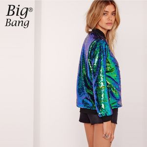 Wholesale- Mermaid Sequin Bomber Jacket Groene Gradiënt Kleur Paillette Vrouwen Jassen Zipper Lovertjes Uitloper Jassen 2016 Herfst M16110106