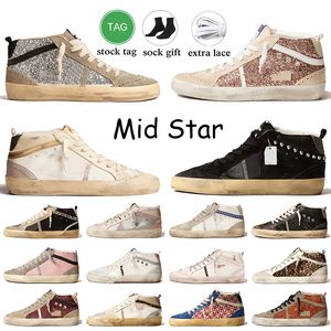 Venta al por mayor Mid Star Zapatillas de deporte Zapatos de diseñador Mujer Hombre Gamuza Cuero Brillo Plata Oro Rosa Cebra Plataforma Vintage Italia Marca Hecha a mano Casual Ball Trainers