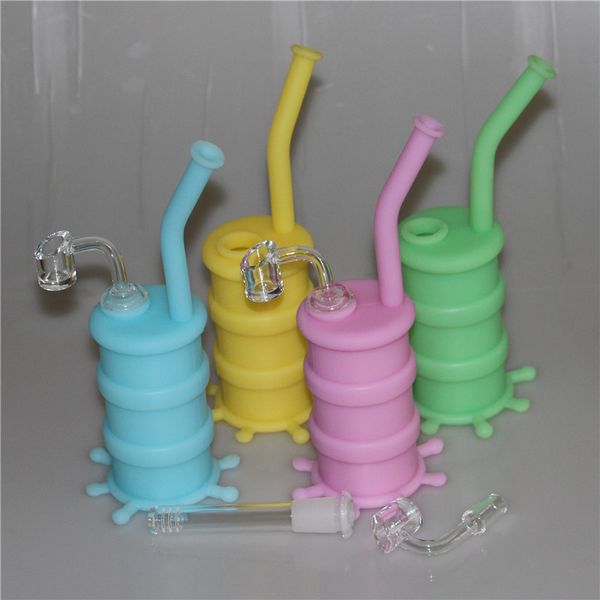 Vente en gros Mini lueur dans le noir Silicone Rigs Dab Jar Bongs narguilé Jars Pipe à eau Silicon Oil Drum Rigs avec clou de quartz