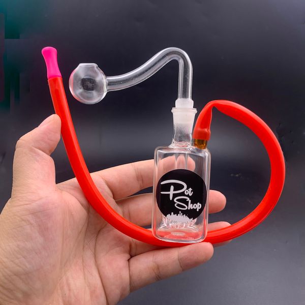 En gros Mini épais capiteux carré eau dab plate-forme bong tuyau avec bol de brûleur à mazout en verre clair 10mm mâle et paille de silicone colorée