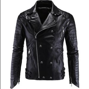 Primavera estilo punk crânio jaquetas homens preto casual fino crânio emenda jaqueta de couro do plutônio para homem tamanho M-5XL