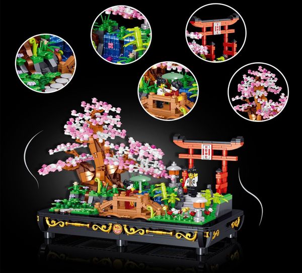 Atacado moc mini blocos de construção brinquedos bonsai cereja flores de pêssego chinês estudioso árvore pinho simulado modelos de plantas suculentas presentes criativos