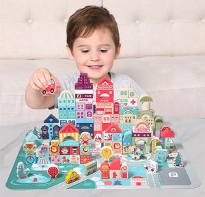 Kits de construction de modèles en gros couleur jouets en bois scènes de trafic de la ville forme géométrique assemblé blocs de construction précoce éducatif pour les enfants