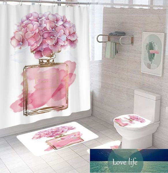 Rideau de douche géométrique moderne en gros, quatre pièces en polyester, rideau de séparation imperméable, tapis de sol absorbant, rideau de salle de bain, ensemble complet
