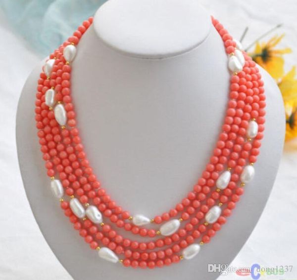Collar de perlas barrocas blancas con cuentas de coral rosa de 5 filas de 20 