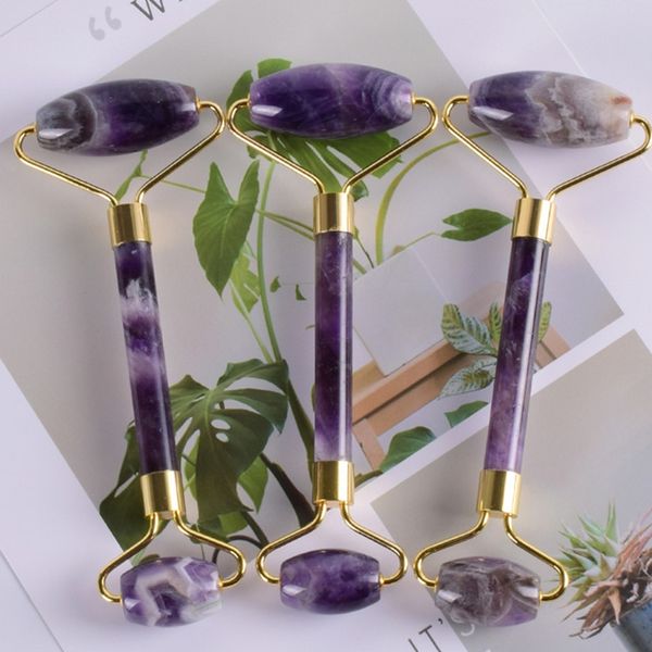 wholesale Masseur de tête en cristal d'améthyste naturel pour bâton de visage pierre de quartz violet rouleau massage anti-cellulite avec boîte de vente au détail