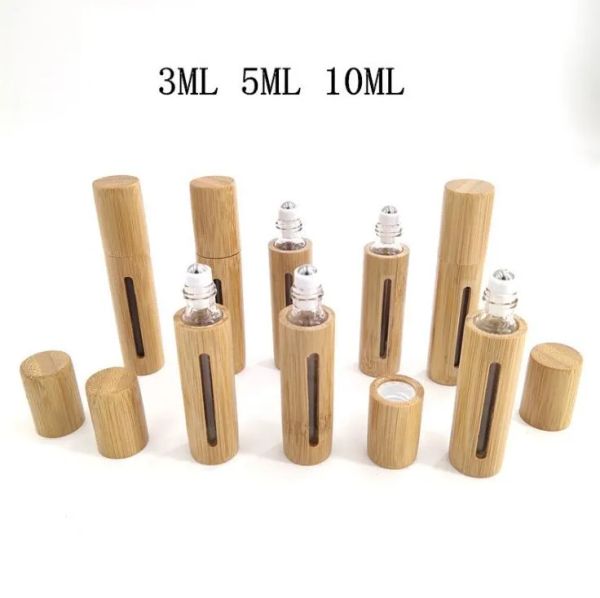 wholesale Bouteille d'huile essentielle en verre de bambou naturel rechargeable vide huile essentielle parfum parfum parfum bouteilles à bille en acier LL