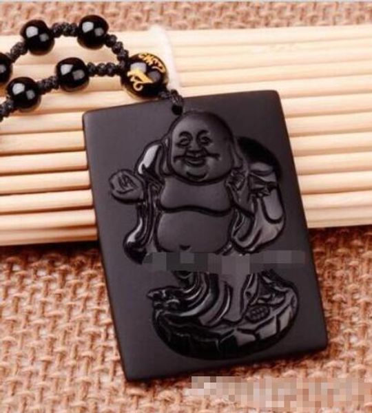 Vente en gros-Obsidienne naturelle sculptée bouddha riant, pendentif amulette porte-bonheur + collier de perles