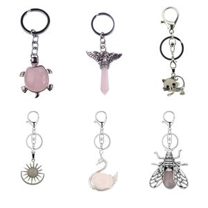 Gros Naturel Reiki Rose Quartz Charme Porte-clés Chat Tortue Aile Gemme Pendentif pour Femmes Hommes Bijoux