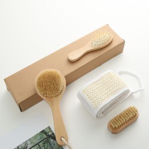 Brosse de bain en poils de bois naturel en gros brosses de nettoyage de massage Spa ensemble de brosses à dos frottant avec boîte en papier kraft