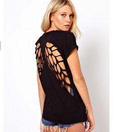 Groothandel-nieuw 2016 Brand Summer Herfst Women Fashion T-shirt Backless Laser Gravure Stencil Angel Sexy Summer Tees Tops